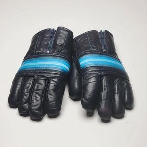 Vintage Conroy Leather Ski Gloves Navy Blue Striped Retro 80s Snowmobile Winter